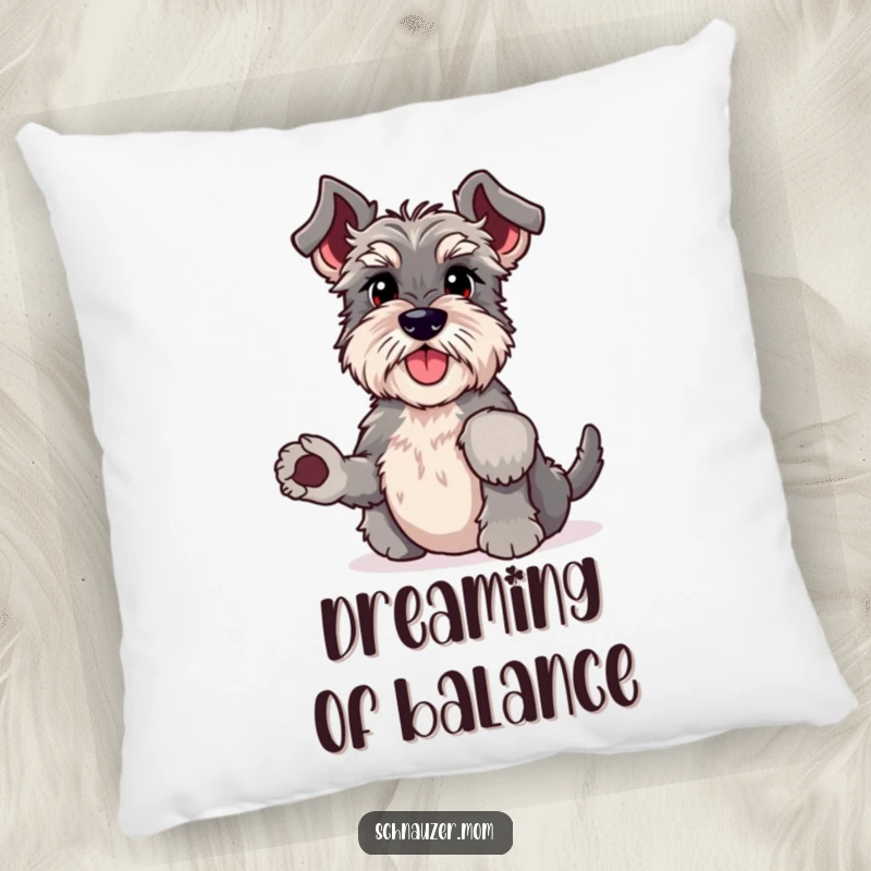 Funny Schnauzer headstand pillow with wiggling paws, a plush and humorous depiction of an athletic dog, perfect for cozy and funny decor.