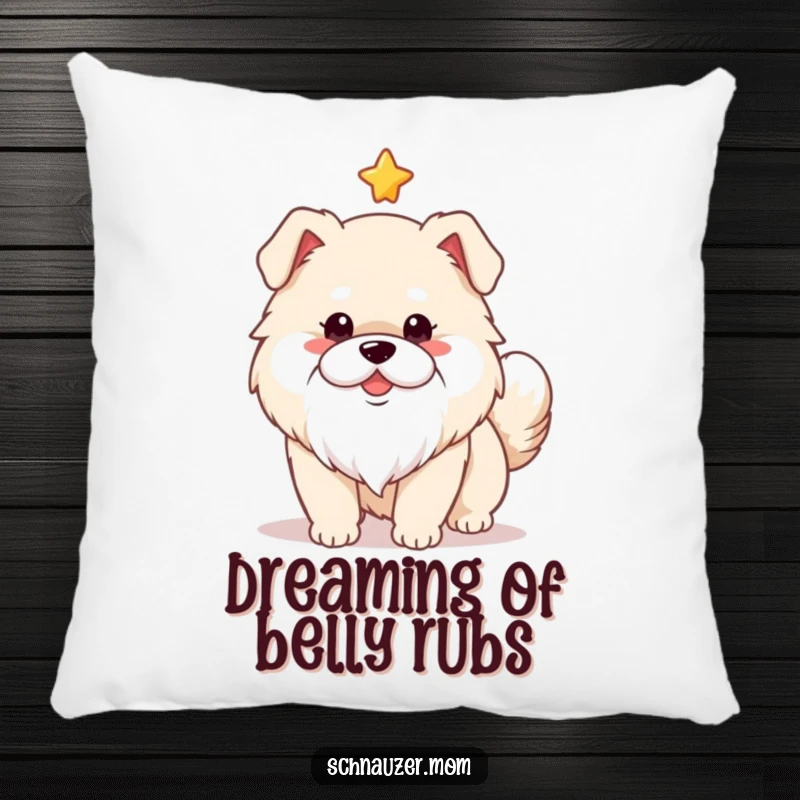 Funny cute fluffy dog with a luxurious white beard, tail wagging joyfully beneath a celestial star. Soft pillow design.