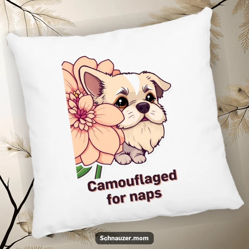 Funny dog with a furry beard playing peek-a-boo behind a large, colorful flower. Soft pillow.