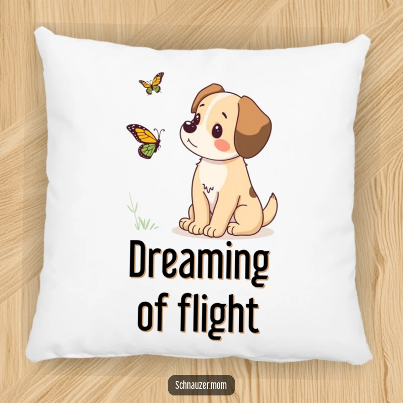 Funny pillow featuring a cute dog looking intently at a butterfly, providing a soft, humorous, and charming accent for any seating area.