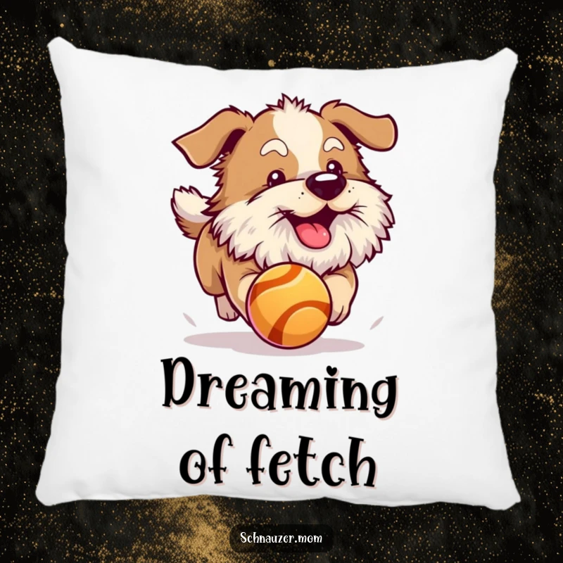 Funny dog with a fluffy beard joyfully chasing a bouncing ball. Soft pillow.