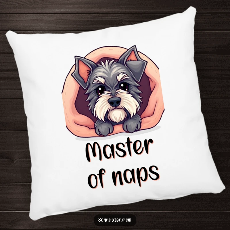 Funny Kawaii Schnauzer pillow featuring a cute dog peeking out from under a cozy blanket, adding comfort and a humorous cozy theme.