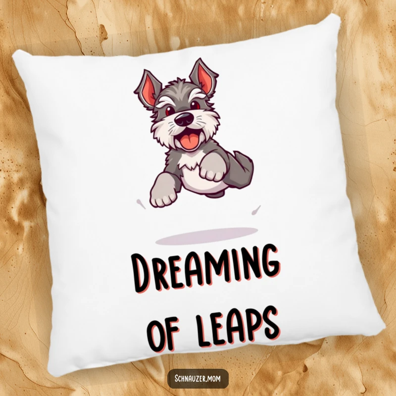 Funny Kawaii Schnauzer pillow, a dog doing a bouncy, energetic leap with happy barks, offering soft comfort and fun decor.
