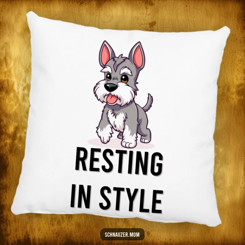 Funny Kawaii Schnauzer pillow featuring a cute dog performing a proud strut with its stubby tail up, adding comfort and a humorous confident theme.