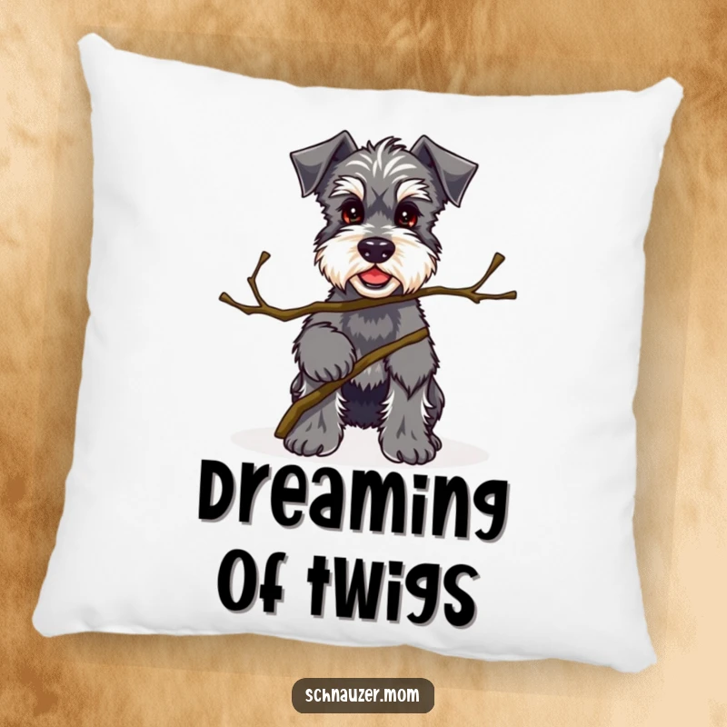Funny Kawaii Schnauzer pillow featuring a proud dog holding a twig, perfect for adding a touch of quirky charm and comfort.