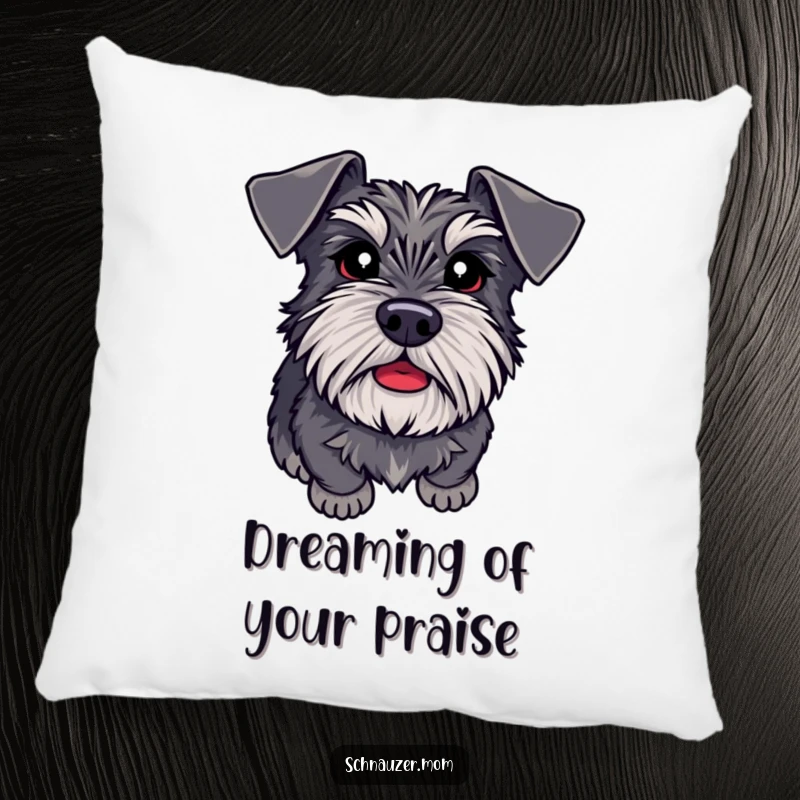 Funny Schnauzer adoring eyes pillow, expressing eagerness to please and loyalty, perfect for comfortable and heartwarming home decor.