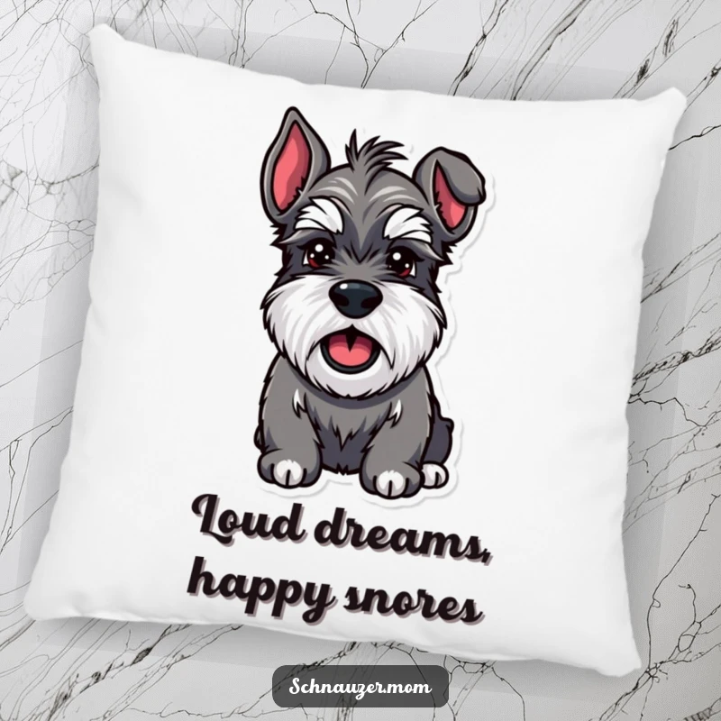 Funny Schnauzer pillow showing a sturdy dog with bushy eyebrows barking with unrestrained enthusiasm and happiness, perfect for comfort.
