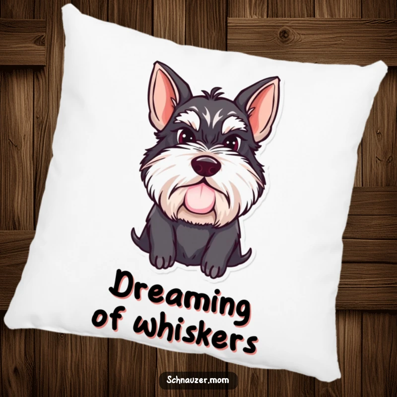 Funny Schnauzer lady pillow featuring a determined and proud dog with a distinguished mustache, offering comfort and a humorous decorative accent.