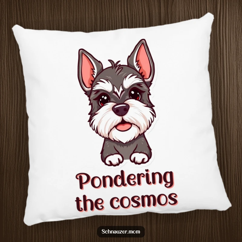 Funny Schnauzer Lady Pillow featuring a dog with an adorable, quizzical head tilt. Soft, comfortable, and funny, a funny gift.