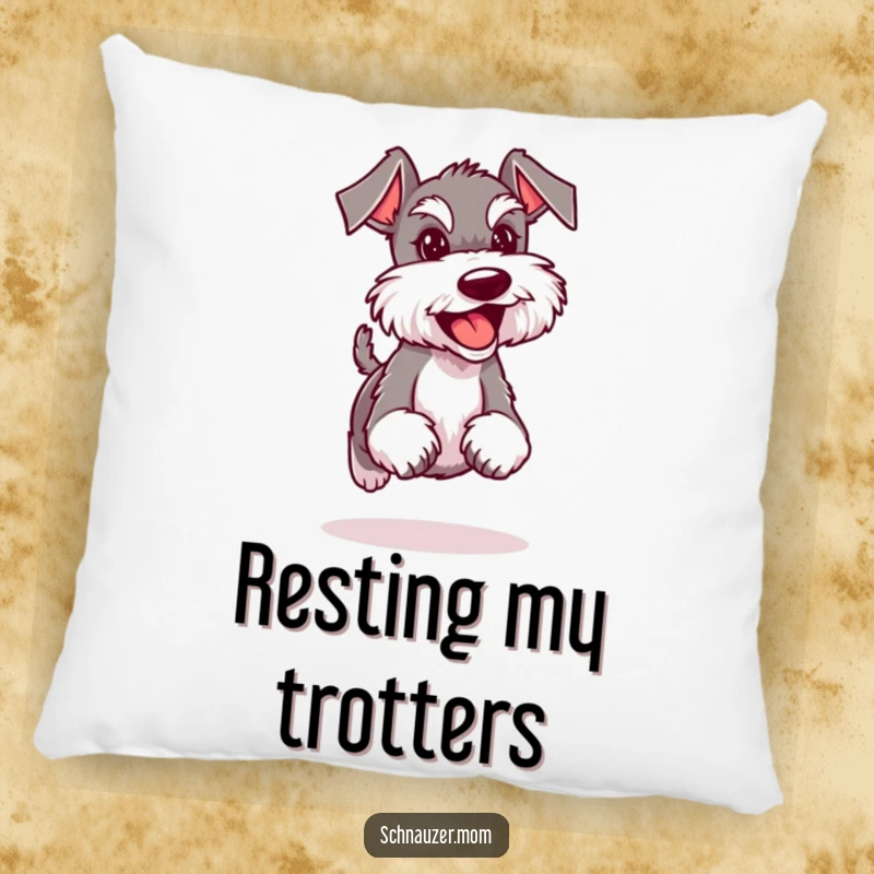 Funny Schnauzer lady pillow showing a dog confidently trotting with a happy expression, offering comfort and a touch of joyful decor.