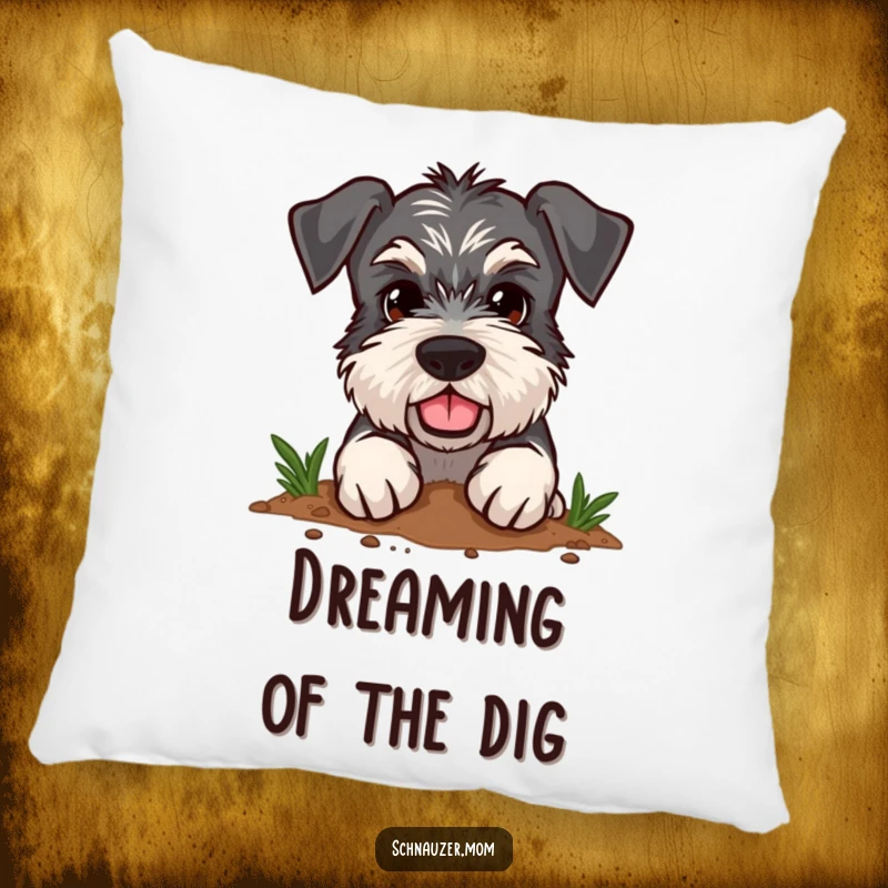 Funny Schnauzer pillow featuring a dog with a determined expression enthusiastically digging in the dirt, perfect for lounging.