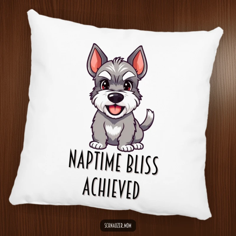 Funny Schnauzer pillow featuring a happy dog with a wagging tail and a wide grin, perfect for cozying up.