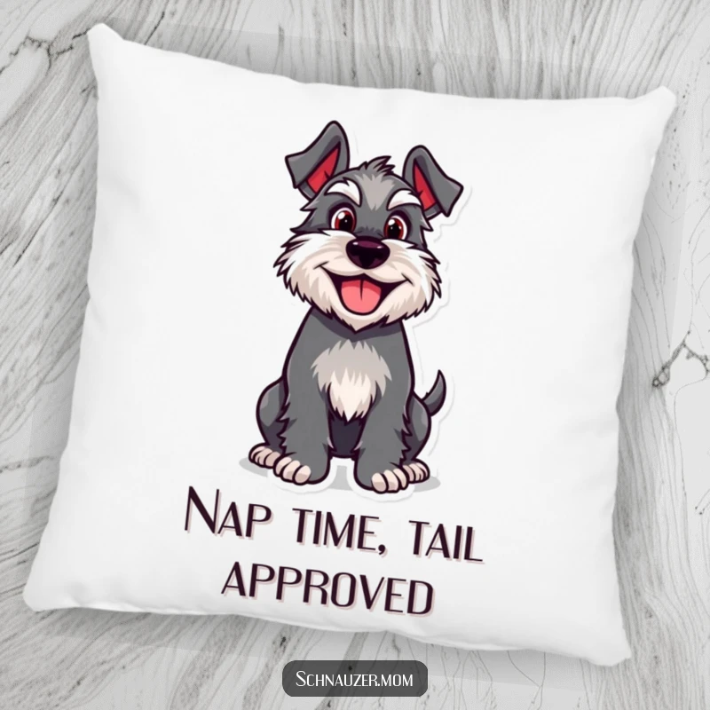 Funny Schnauzer pillow featuring a happy dog character with a vigorously wagging tail, adding a touch of canine joy to any room.