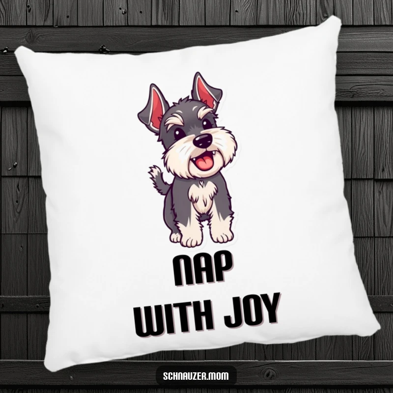 Funny Schnauzer dog wagging its bristly tail, creating a soft and joyful accent on a pillow.