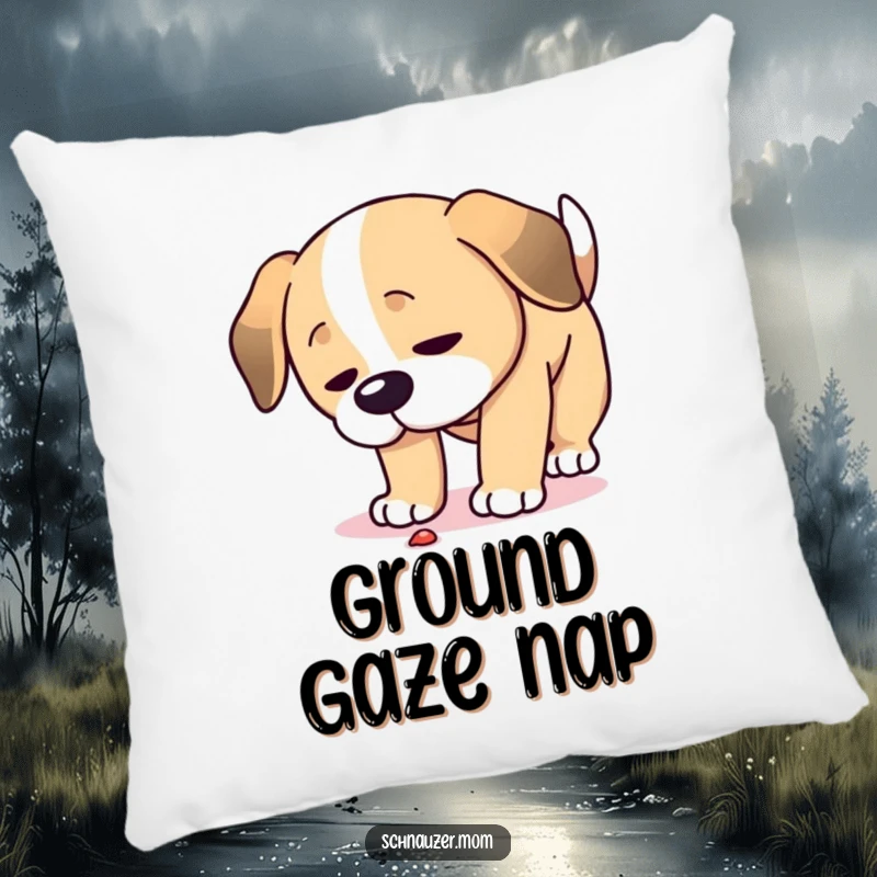 Funny Focused Dog Pillow: A plush pillow depicting a dog with its head down, intently examining the ground, full of curious humor.