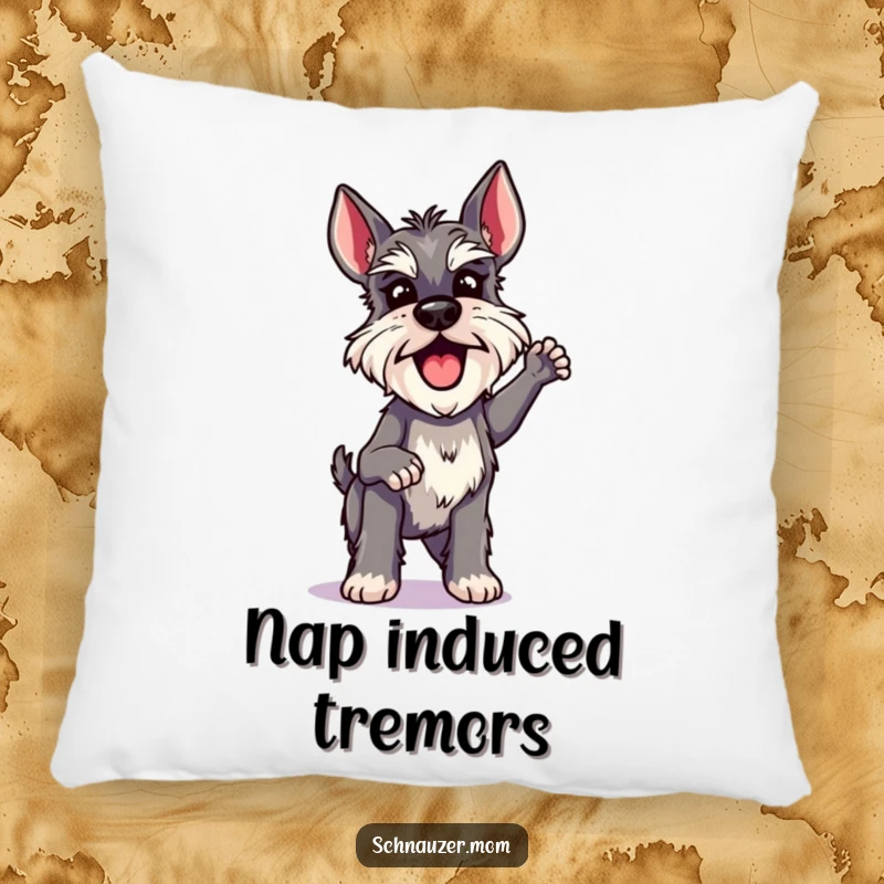 Funny Schnauzer Lady Pillow, doing a quick and excited shake with infectious energy, offering comfort and a humorous design.