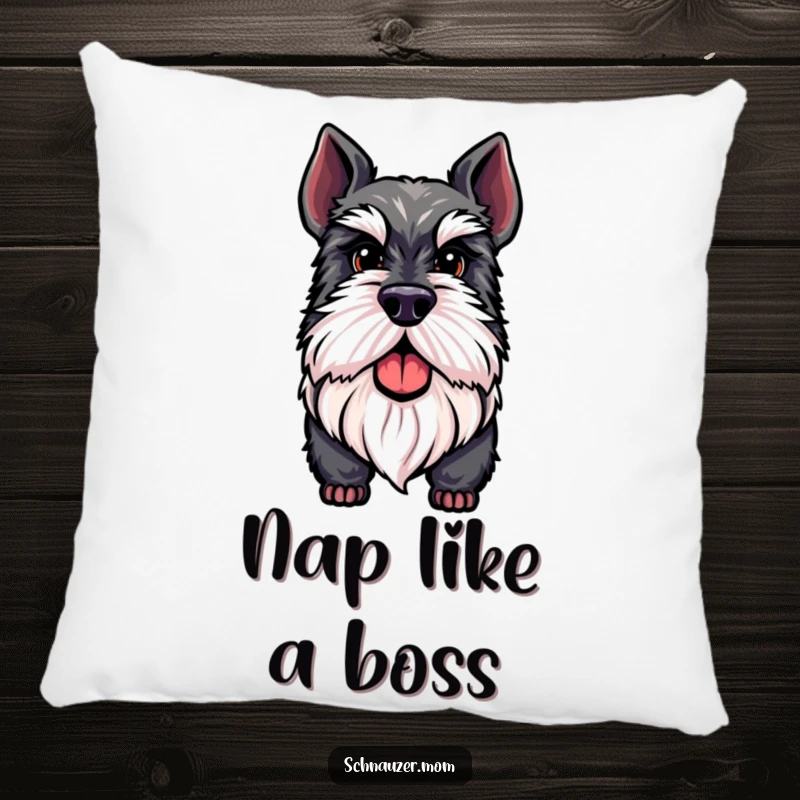 Funny Schnauzer pillow featuring a proud dog with a distinguished beard, offering comfort and a humorous decorative touch for any sofa.