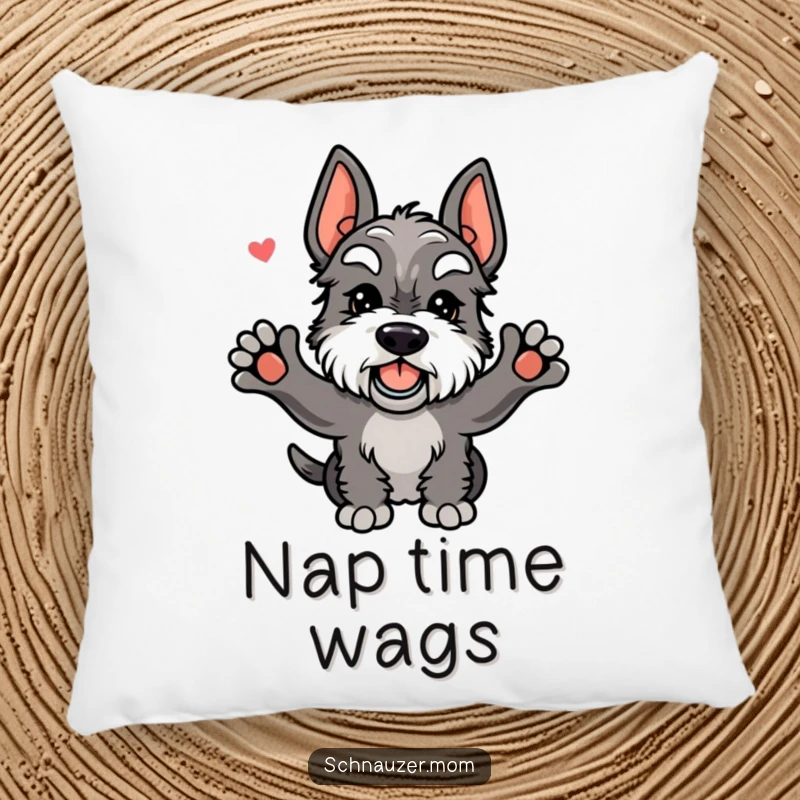 Funny Kawaii Schnauzer pillow featuring a dog with a furiously wagging tail, conveying an overwhelming sense of happy welcome.