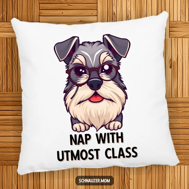 Funny kawaii Schnauzer dog relaxing on a plush pillow, looking distinguished with a beard and a tiny monocle, embodying cozy elegance.