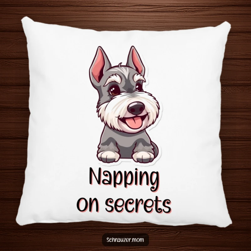 Funny Schnauzer dog pillow design, a happy dog with a knowing glance, bringing comfort and a touch of intrigue.