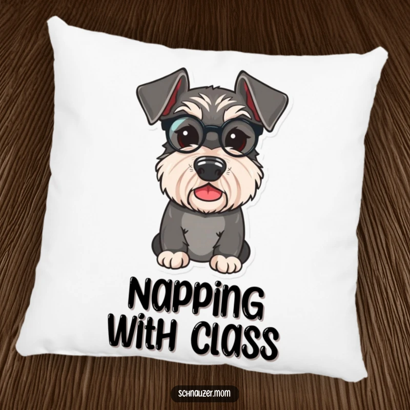 Funny Schnauzer pillow showing a cute dog wearing a tiny monocle, exuding distinguished elegance with a playful, charming expression.