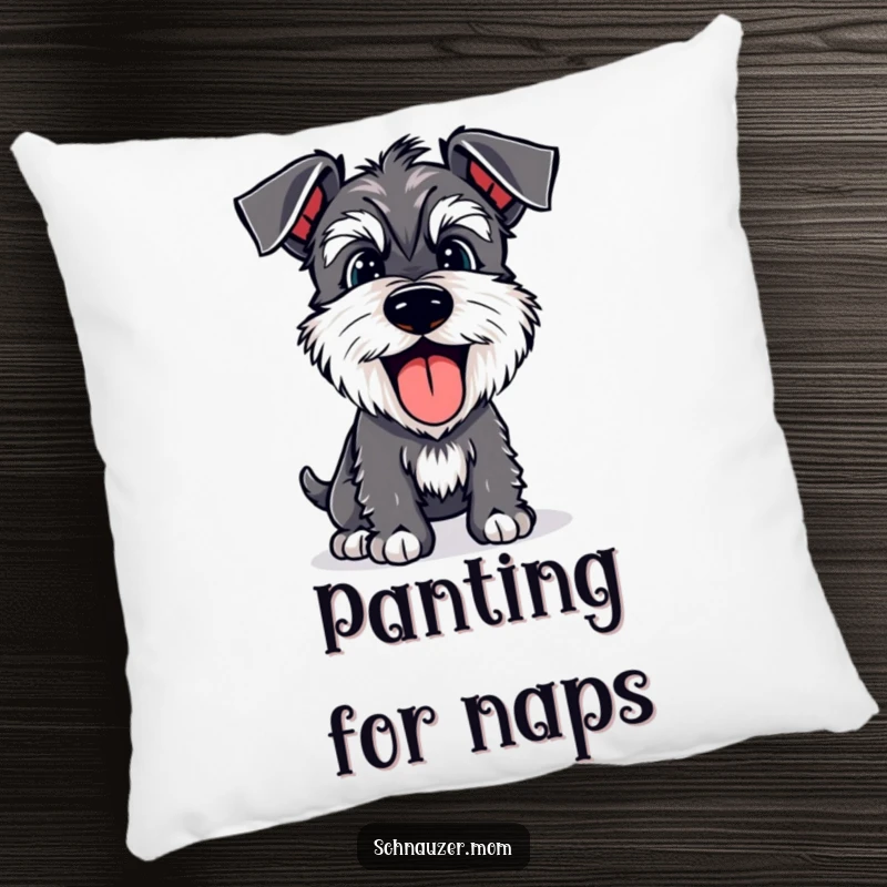 Funny Schnauzer pillow depicting a happy dog panting with its tongue lolling out, offering comfort and cheerful vibes.