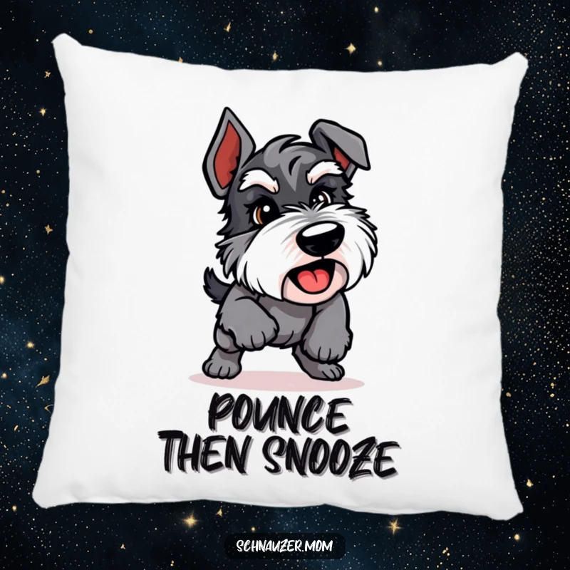 Funny Schnauzer pillow featuring an energetic dog in a playful pounce, providing comfort and dynamic decor.