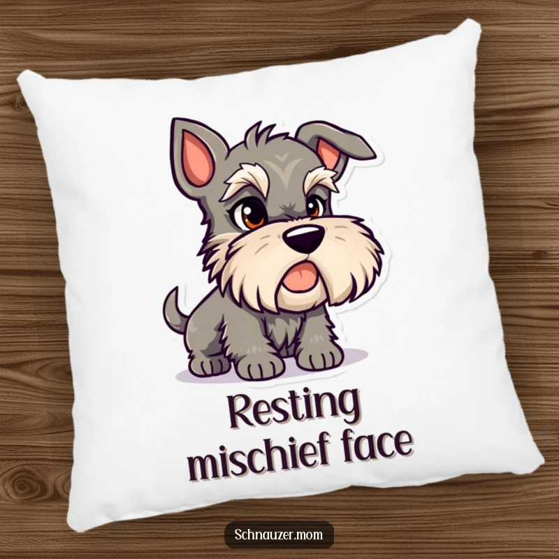 Funny Schnauzer pillow featuring a mischievous dog character with a sly expression, adding a touch of canine wit.