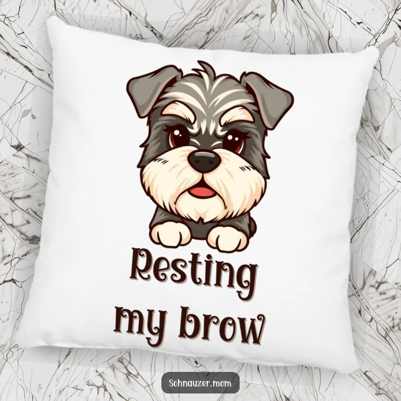 Funny Schnauzer Thought Pillow, depicting a scruffy Schnauzer with bushy eyebrows looking thoughtfully, perfect for cozy comfort.