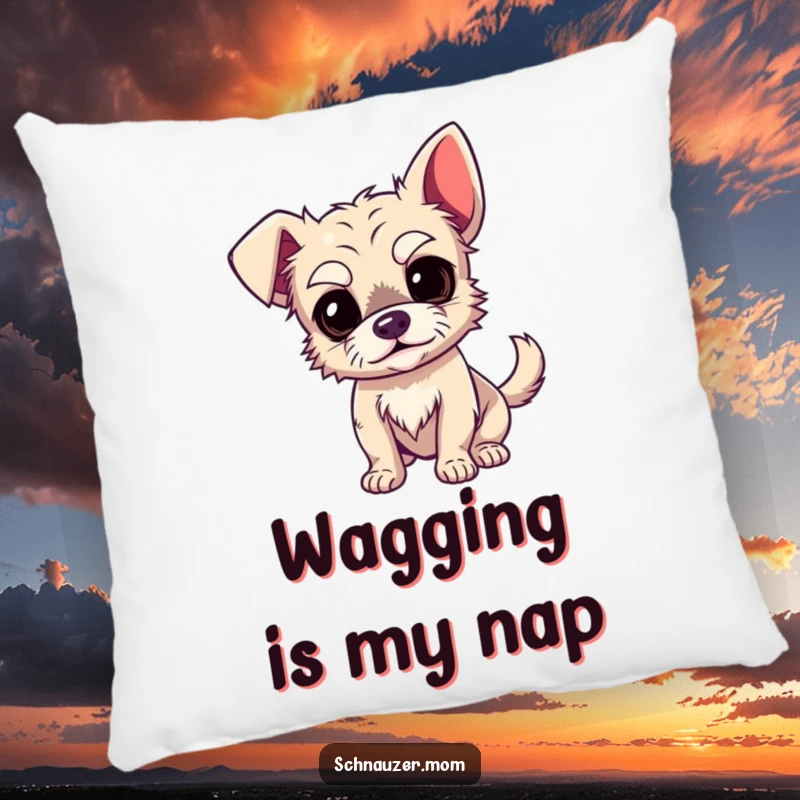Funny Dog Pillow: A plush pillow depicting a wiry dog with exaggerated, expressive eyebrows and a furiously wagging tail, full of humor.