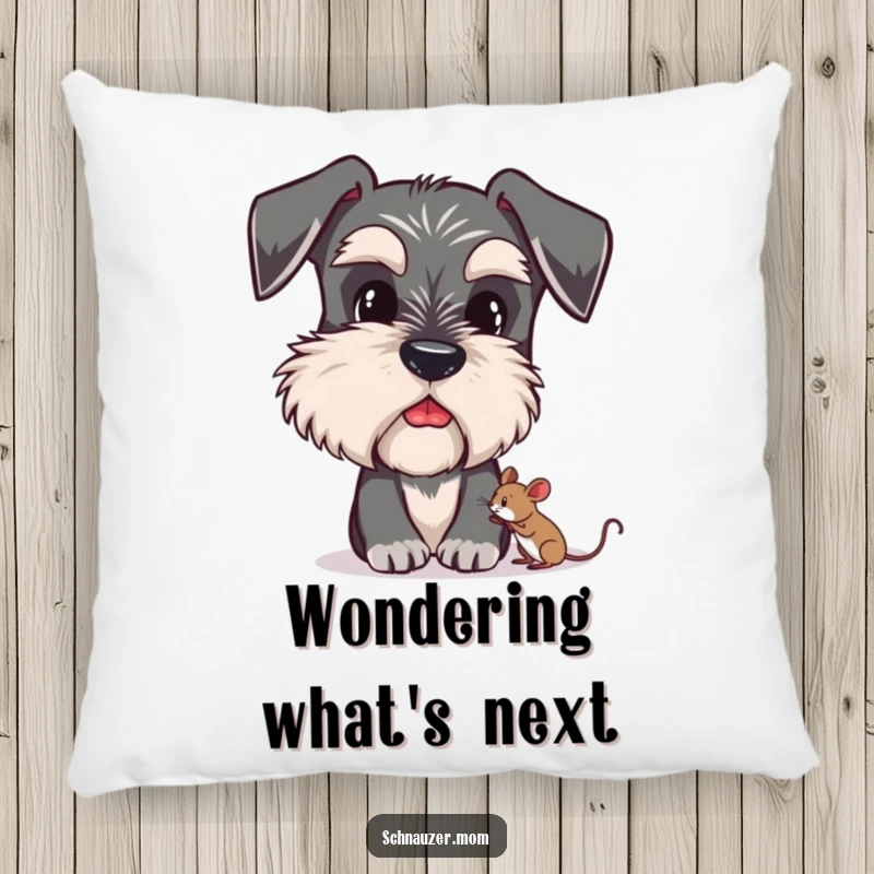Funny Schnauzer pillow featuring a cute dog with bushy eyebrows curiously observing a tiny mouse, perfect for comfort.