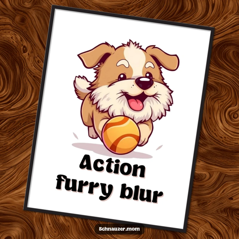 Funny dog with a substantial fluffy beard in exciting pursuit of a bouncing ball. Artistic print.