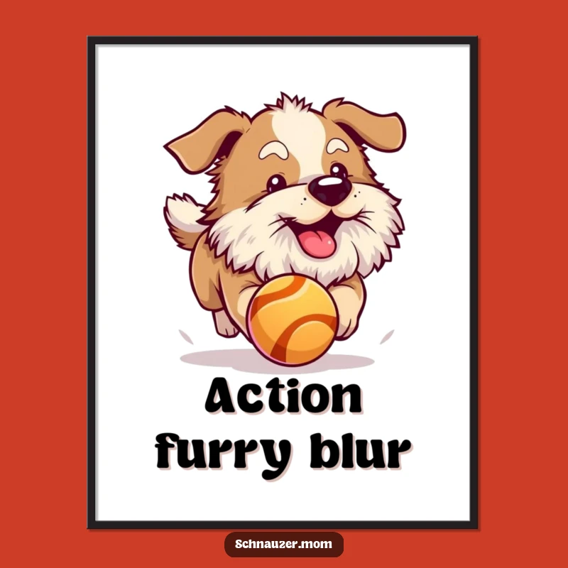 Funny Fluffy Beard Dog Ball Chase Art Print - Energetic Pup Decor