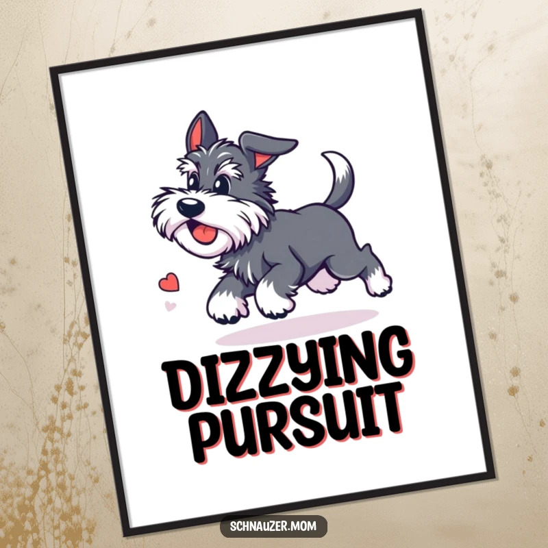 Funny Kawaii Schnauzer digital art print of a cute dog chasing its tail with dizzying delight, ready for energetic display.