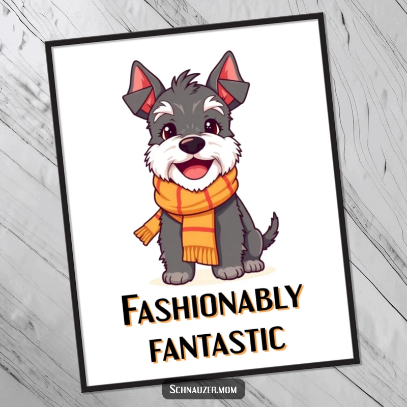 Funny Schnauzer digital art print of a delighted dog character wearing a small scarf and beaming with a cheerful, happy smile.