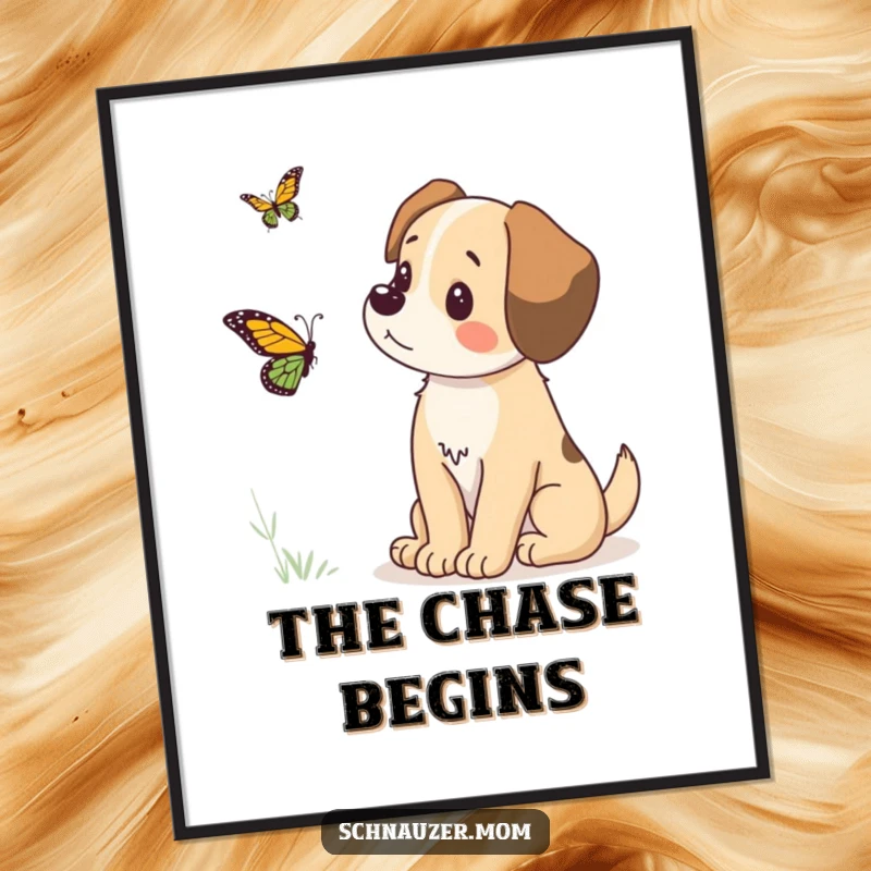 Funny digital art print of a dog's humorous, concentrated stare at a butterfly, offering an instant, amusing, and downloadable wall decor piece.