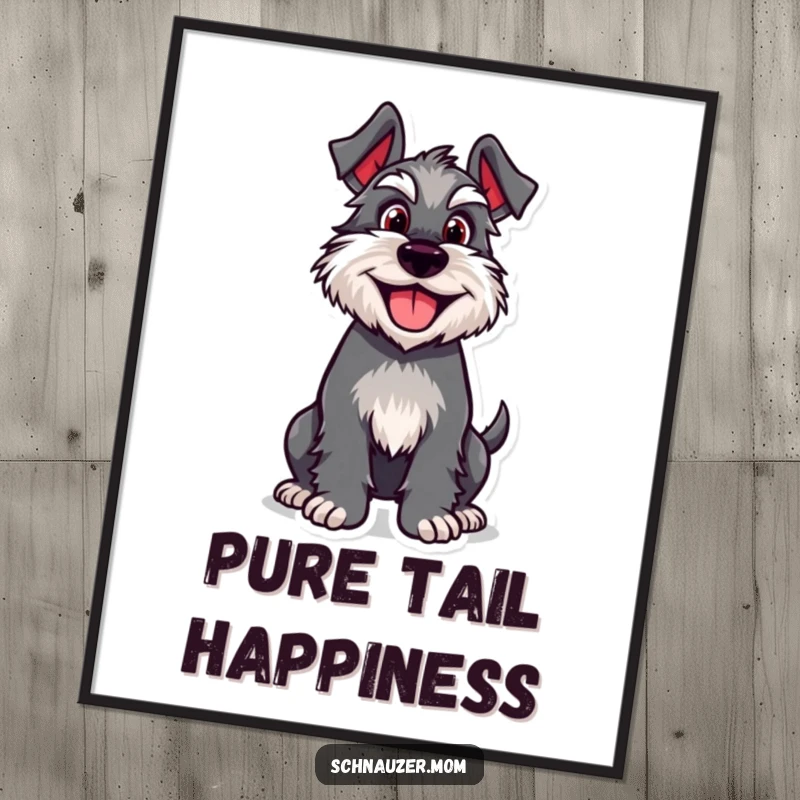 Funny Schnauzer digital art print of a joyful dog character with an enthusiastically wagging tail, radiating pure happiness.