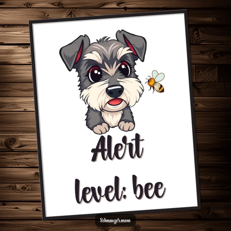 Funny Kawaii Schnauzer Digital Art Print, an alert dog intently watching a bee, for instant decor.