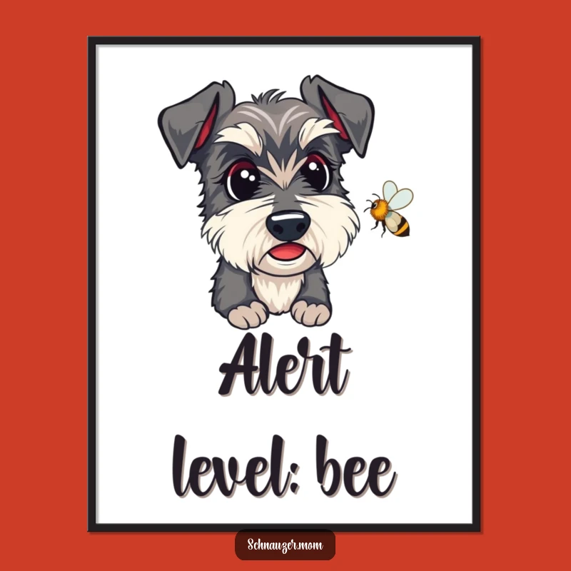 Funny Kawaii Schnauzer Digital Art: Alert Dog Watching Bee, Instant Humorous Gift