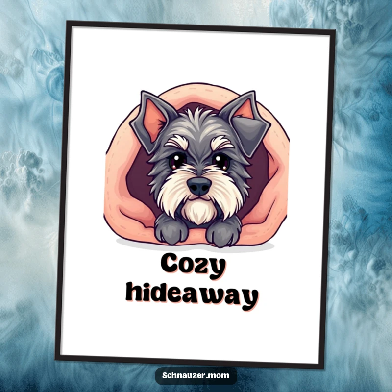 Funny Kawaii Schnauzer digital art print of a cute dog peeking out from under a cozy blanket, ready for cozy display.