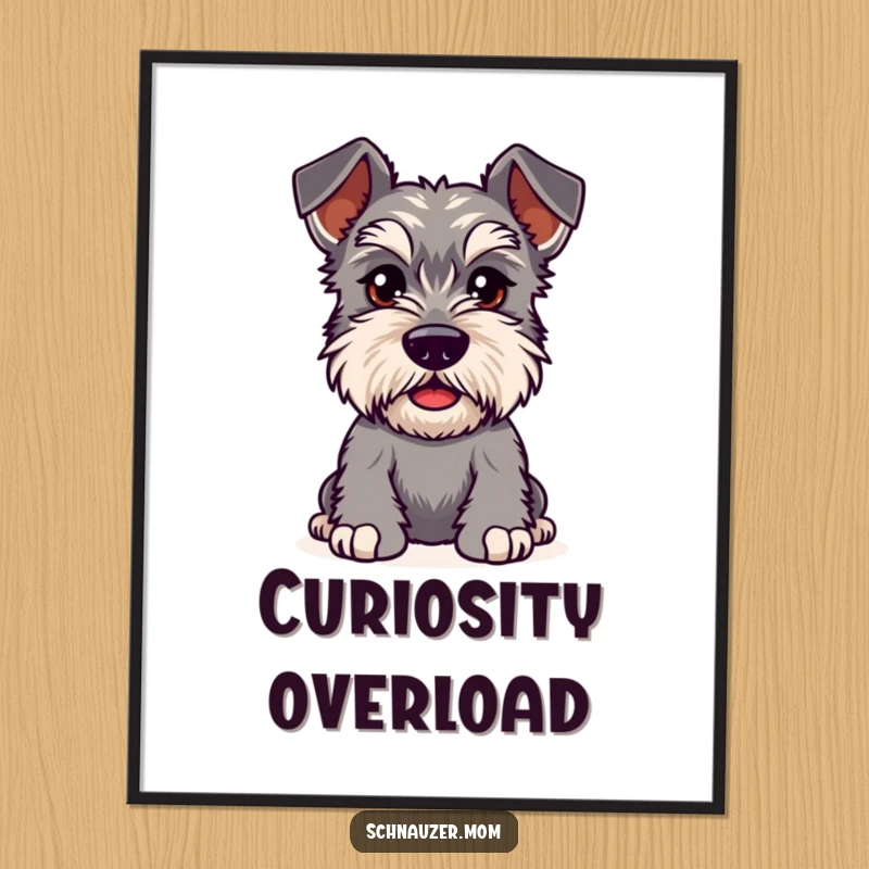 Funny Kawaii Schnauzer digital art print, a dog with bushy eyebrows furrowed in playful curiosity, ideal for playful decor.