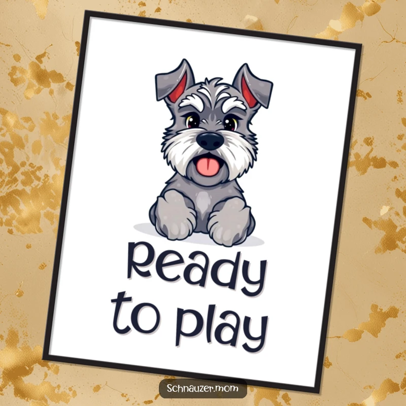 Funny Kawaii Schnauzer digital art print of a dog with paws forward, inviting a game, for instant interactive decor.