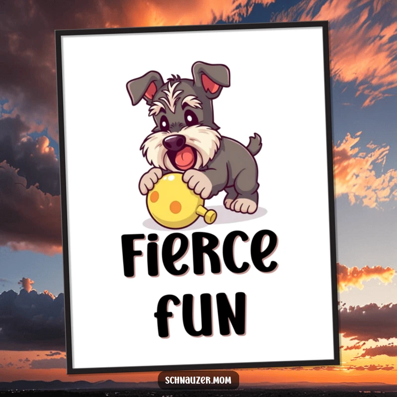 Funny Schnauzer lady digital art print of a dog energetically pouncing on a squeaky toy, perfect for adding playful humor to decor.