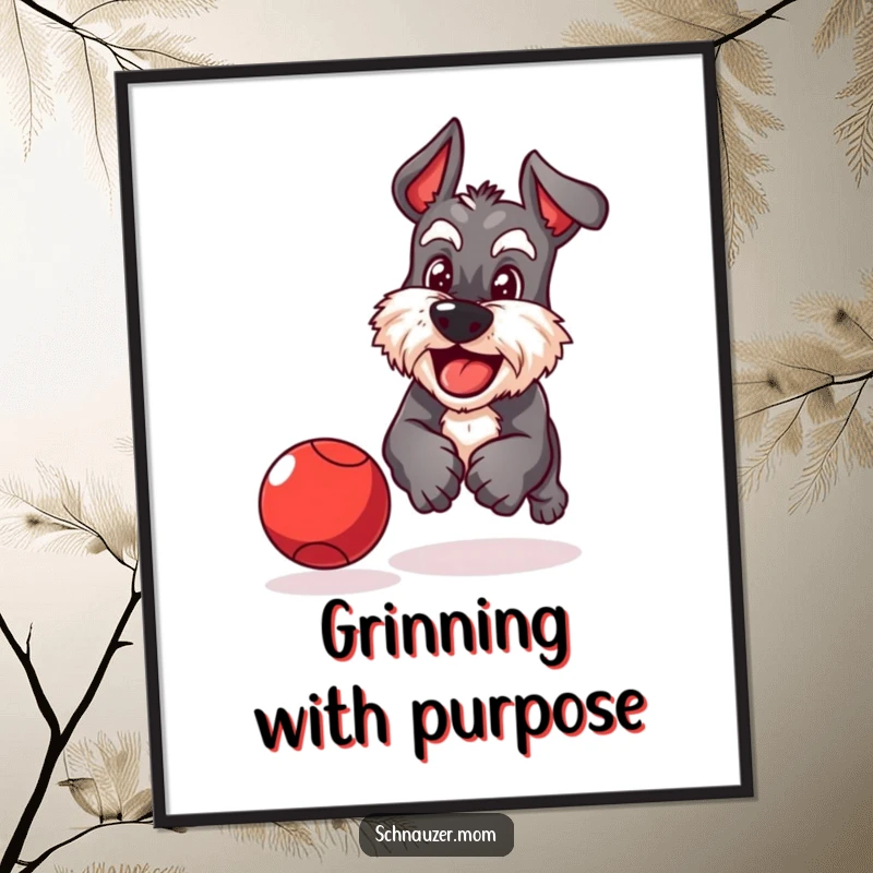 Funny Schnauzer digital art print of a playful dog with a determined grin chasing a bouncing red ball with intense focus.