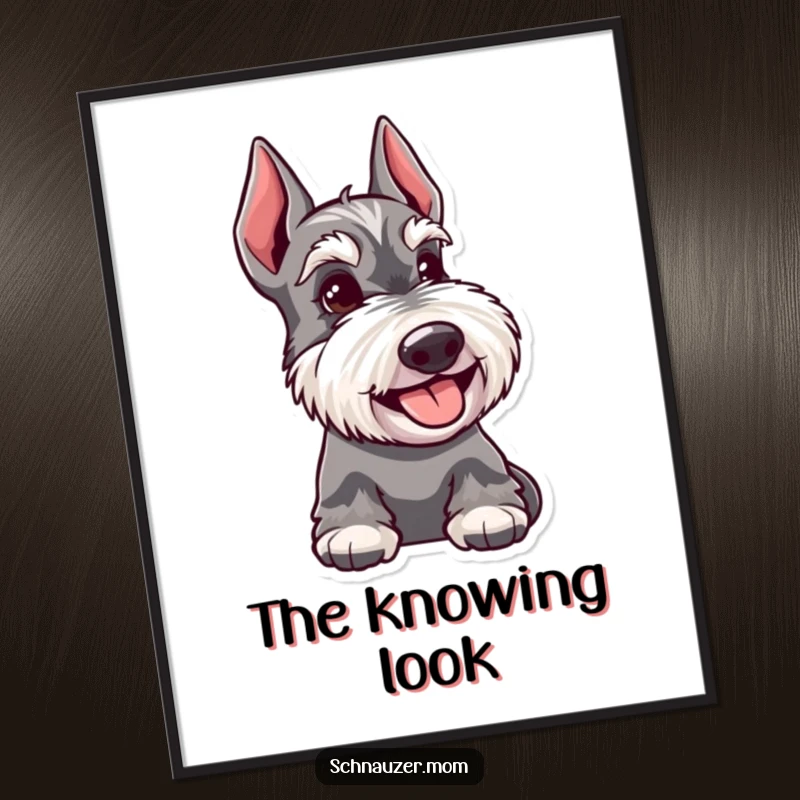 Funny Schnauzer dog digital art print, a happy dog with a knowing glance, adding a touch of intelligent charm.