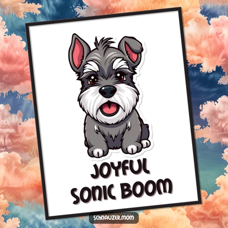 Funny Schnauzer digital art print of a sturdy dog with bushy eyebrows barking joyfully, full of enthusiasm and happiness.