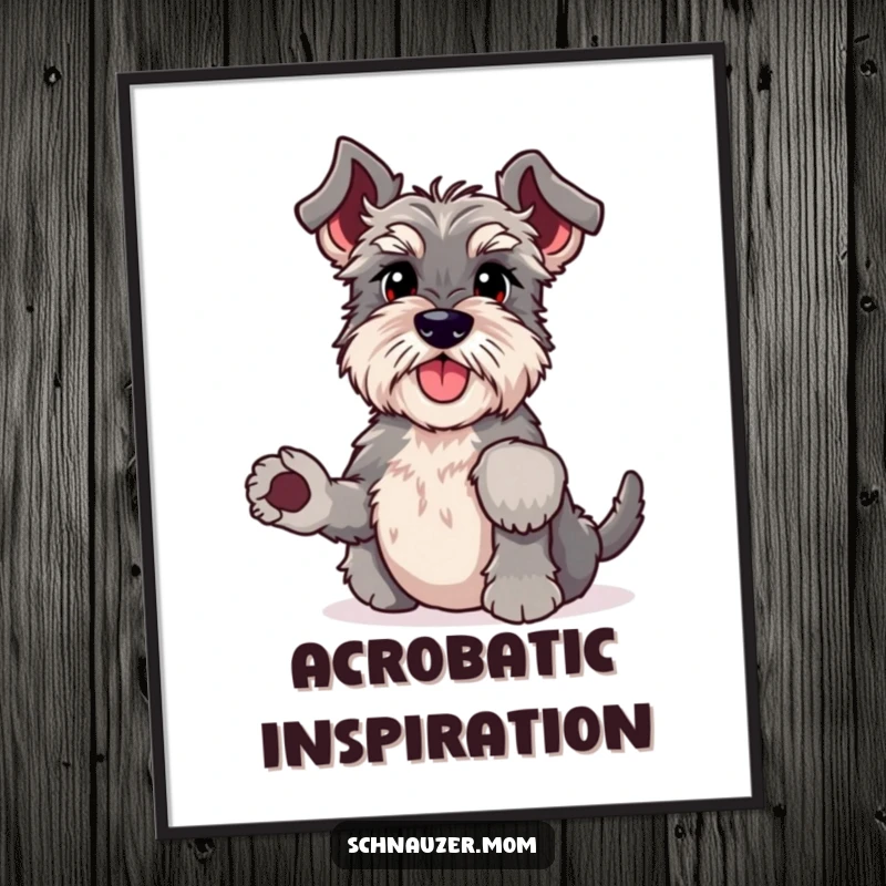 Funny Schnauzer headstand digital art print, showcasing a dog performing a yoga pose with wiggling paws, offering instant humorous decor.