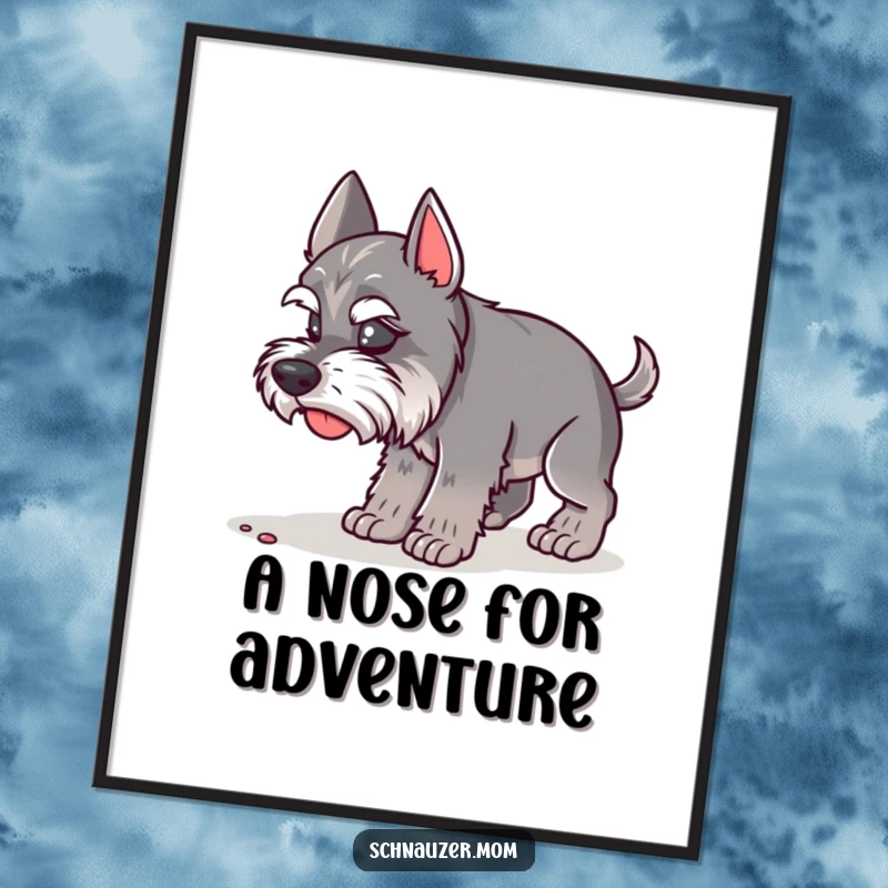 Funny Schnauzer Lady Digital Art Print of a dog focused on sniffing the ground. Captures curiosity, a funny gift.