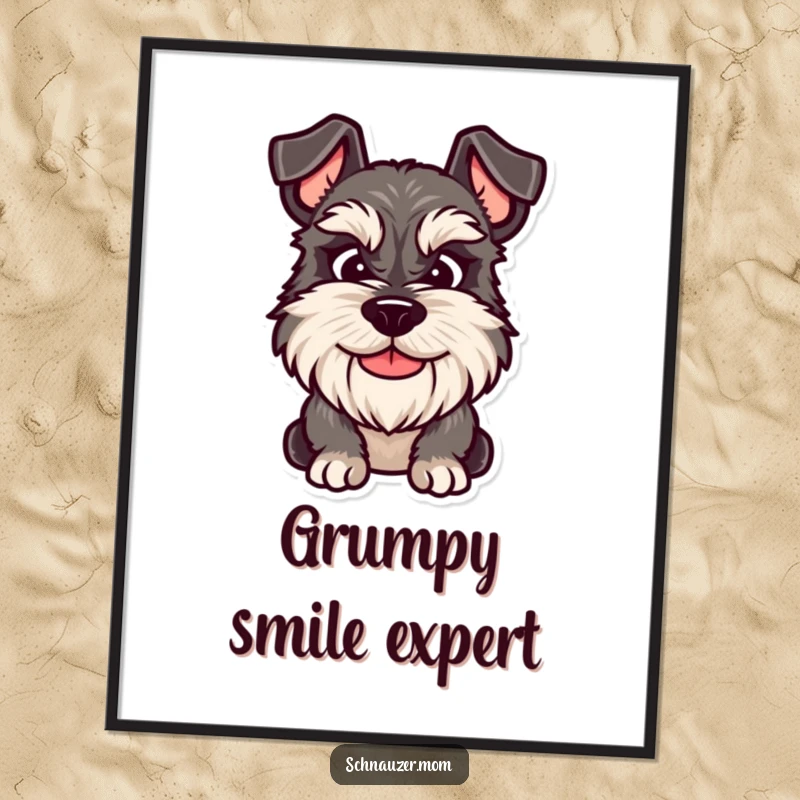 Funny Schnauzer digital art print of a dog with a friendly yet grumpy smile, offering relatable humor for instant wall decor.
