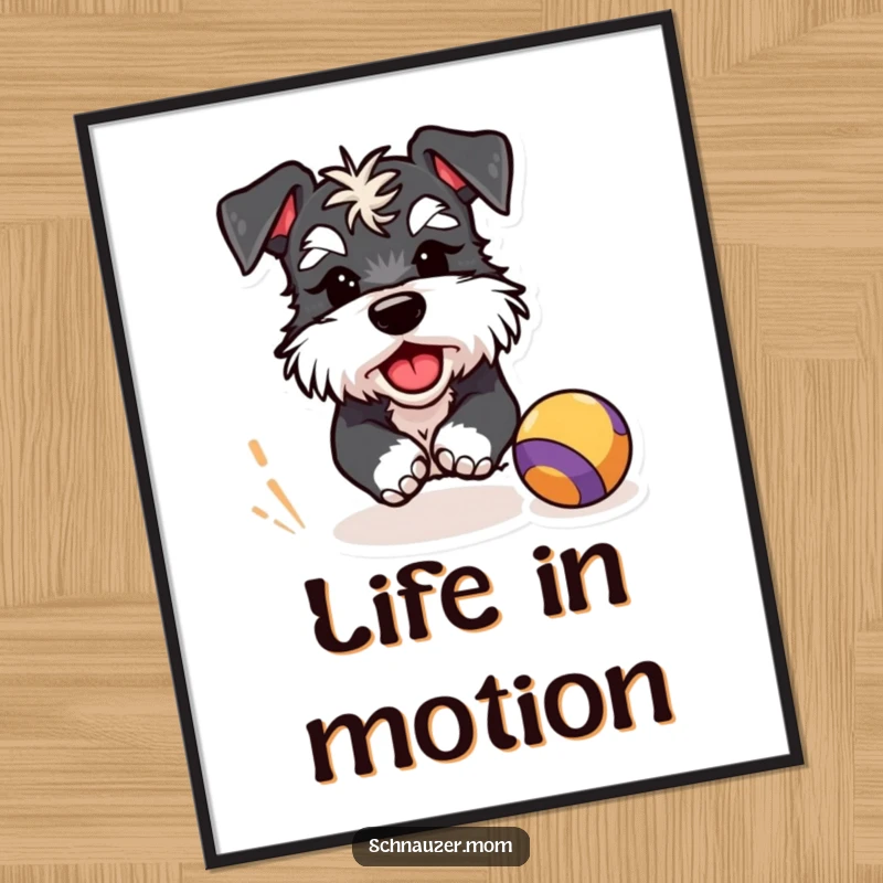 Funny Schnauzer digital art print of a winking dog character in mid-chase after a bouncing ball, conveying playful excitement.